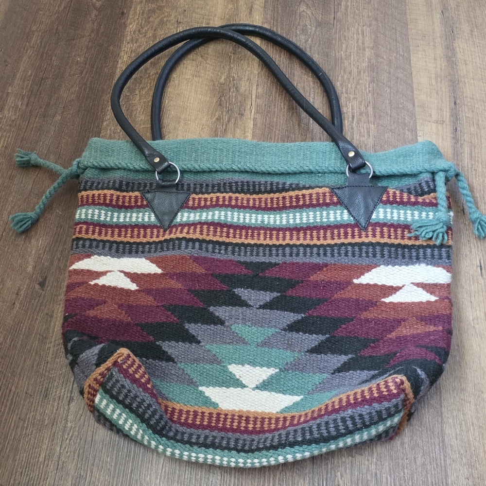Bohemian Woven Tote Bag in Teal Multi-Color